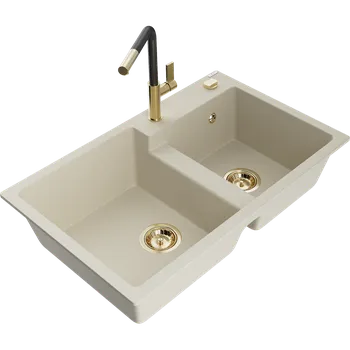 Granitový dřez Mexen Tomas dřez žulový 2-komorový s kuchyňskou baterií Flora, béžový - 6516-69-670401-57-G Granitové dřezy s baterií
