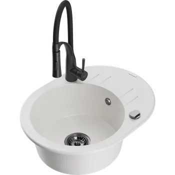 Granitový dřez Mexen Kevin granitový dřez 1-komorový s odkapávačem a kuchyňskou baterií Aster, bílý - 6517-20-73450-70-B Granitové dřezy s baterií