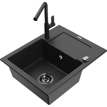 Granitový dřez Mexen Enzo granitový dřez 1-komorový s odkapávačem a kuchyňskou baterií Flora, černý/stříbrný metalik - 6506-73-670401-70-B Granitové dřezy s baterií
