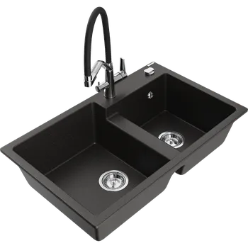 Granitový dřez Mexen Tomas granitový dřez 2-komorový s kuchyňskou baterií Duo, černý/zlatý metalický - 6516-75-671701-07 Granitové dřezy s baterií