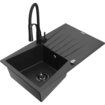 Granitový dřez Mexen Cesar granitový dřez 1-komorový s odkapávačem a kuchyňskou baterií Aster, černý/stříbrný metalík - 6514-73-73450-70-B Granitové dřezy s baterií
