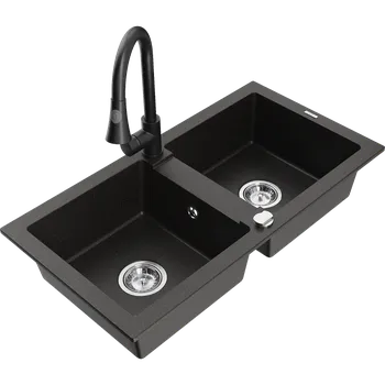 Granitový dřez Mexen Mario dřez granitový 2-komorový s kuchyňskou baterií Elia, černý/zlatý metalik - 6504-75-670101-70 Granitové dřezy s baterií