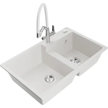 Granitový dřez Mexen Tomas granitový dřez dvojkomorový s kuchyňskou baterií Duo, bílý - 6516-20-671701-02 Granitové dřezy s baterií