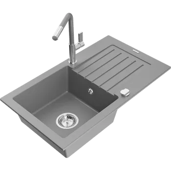 Granitový dřez Mexen Pablo jednokomorový žulový dřez s odkapávačem a kuchyňskou baterií Flora, šedý - 6510-71-670401-06 Granitové dřezy s baterií