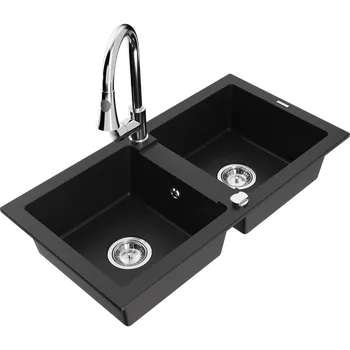 Granitový dřez Mexen Mario dřez granitový 2-komorový s kuchyňskou baterií Elia, černý - 6504-77-670101-00 Granitové dřezy s baterií