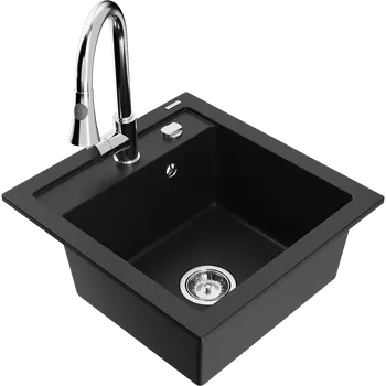 Granitový dřez Mexen Vito granitový dřez 1-komorový s kuchyňskou baterií Elia, černý - 6503-77-670101-00 Granitové dřezy s baterií