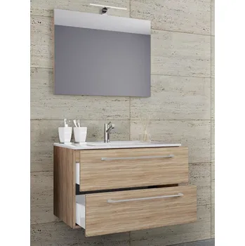 Koupelnový nábytek Vcm 3dílná umyvadlová skříňka Badinos 2 zásuvky 60 cm se zrcadlem, dub sonoma