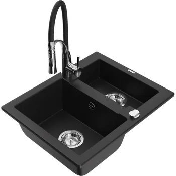 Kuchyňský dřez Mexen Carlos granitový dřez 1,5-komorový s kuchyňskou baterií Aster, černý - 6518-77-73450-07 Granitové dřezy s baterií