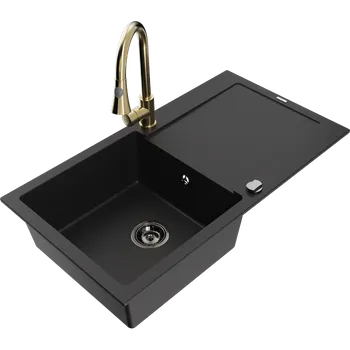 Granitový dřez Mexen Leo granitový dřez 1-komorový s odkapávačem a kuchyňskou baterií Elia, černý - 6501-77-670101-50-B Granitové dřezy s baterií