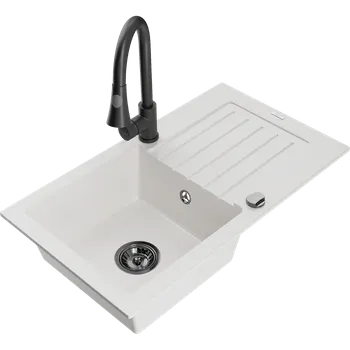 Granitový dřez Mexen Pablo granitový dřez s 1 komorou a odkapávačem a kuchyňskou baterií Elia, bílý - 6510-20-670101-70 Granitové dřezy s baterií