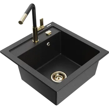Granitový dřez Mexen Vito granitový dřez 1-komorový s kuchyňskou baterií Flora, černý/stříbrný metalik - 6503-73-670401-57-G Granitové dřezy s baterií