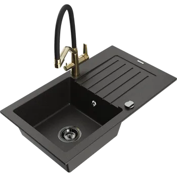 Granitový dřez Mexen Pablo granitový dřez 1-komorový s odkapávačem a kuchyňskou baterií Duo, černý/zlatý metalik - 6510-75-671701-57-B Granitové dřezy s baterií