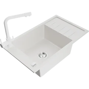 Granitový dřez Mexen Elias granitový dřez s 1 komorou, odkapávačem a kuchyňskou baterií Duero, bílý - 6511-20-671600-20 Granitové dřezy s baterií