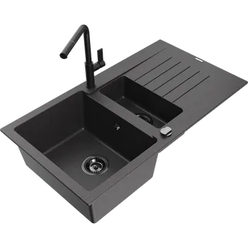 Granitový dřez Mexen Matias granitový dřez 1,5-komorový s odkapávačem a kuchyňskou baterií Flora, černý skvrnitý - 6502-76-670401-70-B Granitové dřezy s baterií