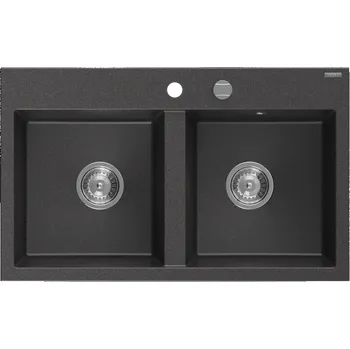 Granitový dřez Mexen Hektor žulový dřez 2-komorový 800 x 480 mm, černý skvrnitý, sifon chrom - 6521802000-76 Granitové dřezy