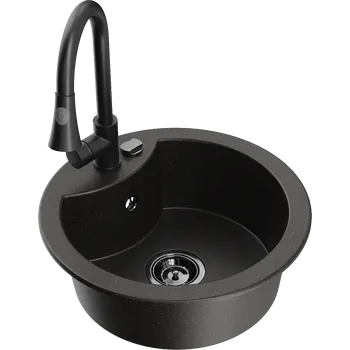 Granitový dřez Mexen Diego jednokomorový granitový dřez s kuchyňskou baterií Elia, černý/zlatý metalik - 6512-75-670101-70-B Granitové dřezy s baterií