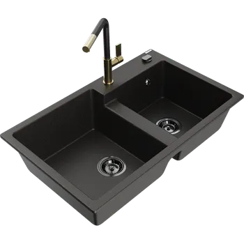 Granitový dřez Mexen Tomas dřez z granitu 2-komorový s kuchyňskou baterií Flora, černý/zlatý metalík - 6516-75-670401-57-B Granitové dřezy s baterií