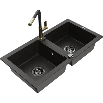 Granitový dřez Mexen Mario granitový dřez 2-komorový s kuchyňskou baterií Flora, černý/zlatý metalik - 6504-75-670401-57-B Granitové dřezy s baterií