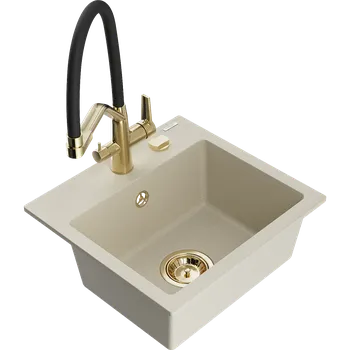 Granitový dřez Mexen Milo granitový dřez 1-komorový s kuchyňskou baterií Duo, béžový - 6505-69-671701-57-G Granitové dřezy s baterií