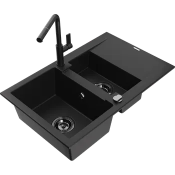 Granitový dřez Mexen Gaspar granitový dřez 1,5-komorový s odkapávačem a kuchyňskou baterií Flora, černý - 6507-77-670401-70-B Granitové dřezy s baterií