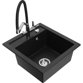 Granitový dřez Mexen Vito granitový kuchyňský dřez 1-komorový s kuchyňskou baterií Duo, černý - 6503-77-671701-07 Granitové dřezy s baterií