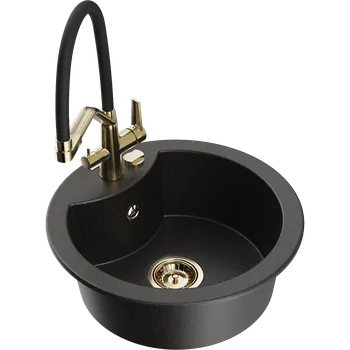 Granitový dřez Mexen Diego granitový dřez 1-komorový s kuchyňskou baterií Duo, černý/zlatý metalik - 6512-75-671701-57-G Granitové dřezy s baterií