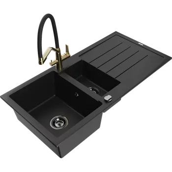 Granitový dřez Mexen Andres granitový dřez 1,5-komorový s odkapávačem a kuchyňskou baterií Duo, černý - 6515-77-671701-57-B Granitové dřezy s baterií