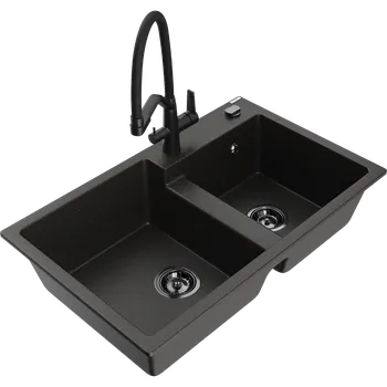 Granitový dřez Mexen Tomas granitový dřez 2-komorový s kuchyňskou baterií Duo, černý/zlatý metalik - 6516-75-671701-70-B Granitové dřezy s baterií