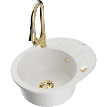 Granitový dřez Mexen Kevin granitový dřez 1-komorový s odkapávačem a kuchyňskou baterií Elia, bílý - 6517-20-670101-50 Granitové dřezy s baterií