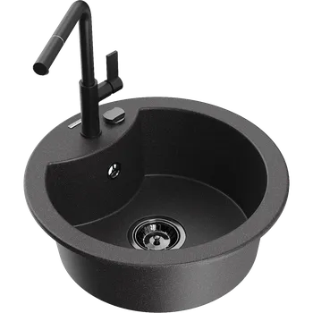 Granitový dřez Mexen Diego granitový dřez 1-komorový s kuchyňskou baterií Flora, černý skvrnitý - 6512-76-670401-70-B Granitové dřezy s baterií