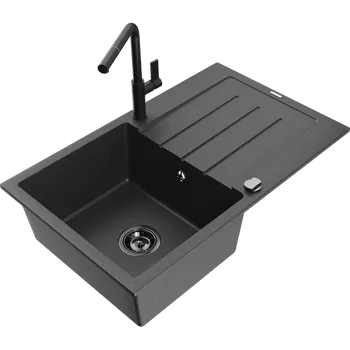 Granitový dřez Mexen Bruno granitový dřez s odkapávačem a kuchyňskou baterií Flora, černý skvrnitý - 6513-76-670401-70-B Granitové dřezy s baterií