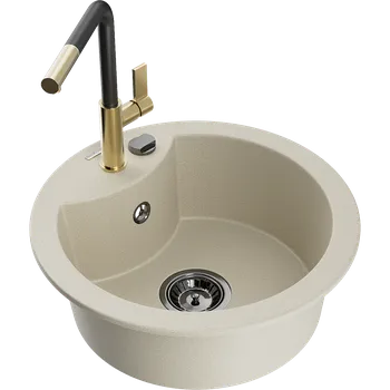 Granitový dřez Mexen Diego granitový dřez 1-komorový s kuchyňskou baterií Flora, béžový - 6512-69-670401-57-B Granitové dřezy s baterií