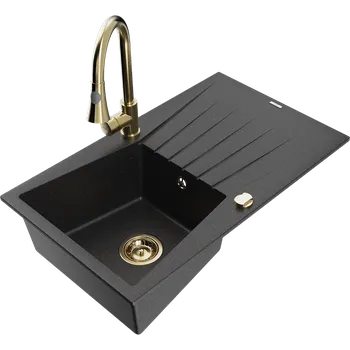 Granitový dřez Mexen Cesar granitový dřez 1-komorový s odkapávačem a kuchyňskou baterií Elia, černý/stříbrný metalický - 6514-73-670101-50 Granitové dřezy s baterií