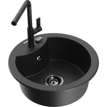 Granitový dřez Mexen Diego granitový dřez s 1 komorou a kuchyňskou baterií Flora, černý/stříbrný metalik - 6512-73-670401-70-B Granitové dřezy s baterií