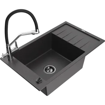 Granitový dřez Mexen Elias granitový dřez 1-komorový s odkapávačem a kuchyňskou baterií Duo, černý skvrnitý - 6511-76-671701-07-B Granitové dřezy s baterií