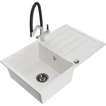 Granitový dřez Mexen Bruno granitový dřez 1-komorový s odkapávačem a kuchyňskou baterií Duo, bílý - 6513-20-671701-07-B Granitové dřezy s baterií