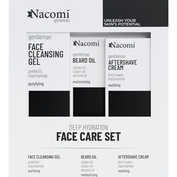 Péče o vousy Nacomi Gentleman sada: čisticí gel na obličej, 140 ml + olej na vousy, 40 ml + krém po holení obnovující kožní mikrobiom, 50 ml