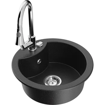 Granitový dřez Mexen Diego granitový dřez 1-komorový s kuchyňskou baterií Elia, černý/stříbrný metalik - 6512-73-670101-00 Granitové dřezy s baterií