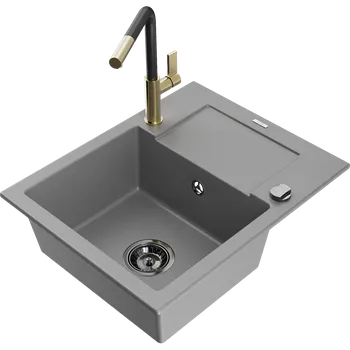 Granitový dřez Mexen Enzo granitový dřez 1-komorový s odkapávačem a kuchyňskou baterií Flora, šedý - 6506-71-670401-57-B Granitové dřezy s baterií