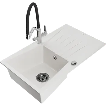 Granitový dřez Mexen Cesar granitový dřez 1-komorový s odkapávačem a kuchyňskou baterií Duo, bílý - 6514-20-671701-07-B Granitové dřezy s baterií