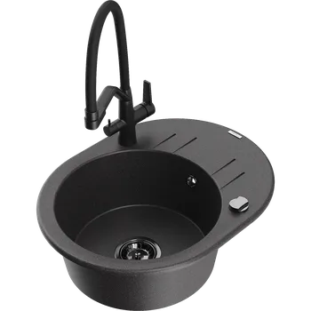 Granitový dřez Mexen Kevin granitový dřez 1-komorový s kuchyňskou baterií Duo, černý skvrnitý - 6517-76-671701-70-B Granitové dřezy s baterií