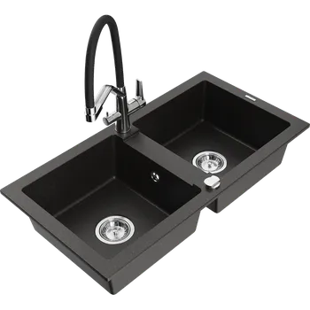 Granitový dřez Mexen Mario granitový dřez dvoukomorový s kuchyňskou baterií Duo, černý/zlatý metalik - 6504-75-671701-07 Granitové dřezy s baterií