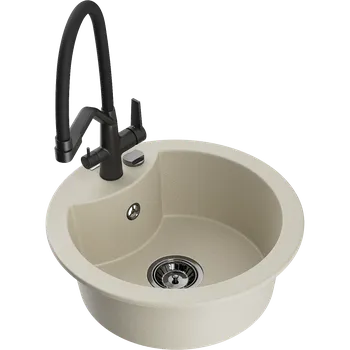 Granitový dřez Mexen Diego žulový dřez s 1 komorou s kuchyňskou baterií Duo, béžový - 6512-69-671701-70-B Granitové dřezy s baterií