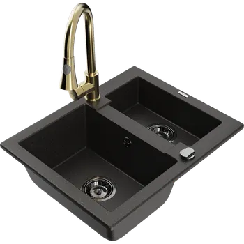 Granitový dřez Mexen Carlos žulový dřez 1,5-komorový s kuchyňskou baterií Elia, černý/zlatý metalik - 6518-75-670101-50-B Granitové dřezy s baterií