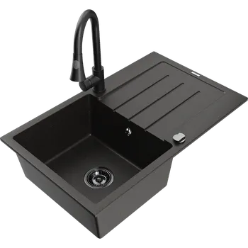 Granitový dřez Mexen Bruno granitový dřez 1-komorový s odkapávačem a kuchyňskou baterií Elia, černý/zlatý metalik - 6513-75-670101-70-B Granitové dřezy s baterií