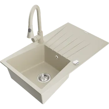 Granitový dřez Mexen Cesar granitový dřez s 1 komorou a odkapávačem, s kuchyňskou baterií Elia, béžový - 6514-69-670101-69 Granitové dřezy s baterií