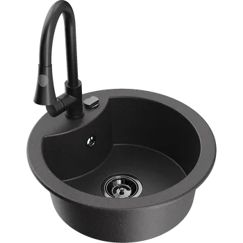 Granitový dřez Mexen Diego granitový jednodřez s kuchyňskou baterií Elia, černý tečkovaný - 6512-76-670101-70-B Granitové dřezy s baterií