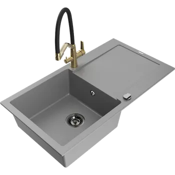 Granitový dřez Mexen Leo granitový dřez s odkapávačem a kuchyňskou baterií Duo, šedý - 6501-71-671701-57-B Granitové dřezy s baterií