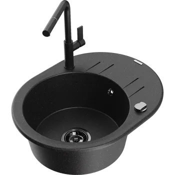 Granitový dřez Mexen Kevin granitový dřez 1-komorový s odkapávačem a kuchyňskou baterií Flora, černý/stříbrný metalický - 6517-73-670401-70-B Granitové dřezy s baterií