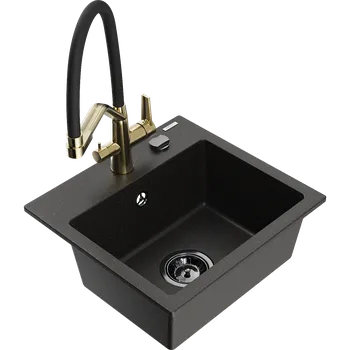 Granitový dřez Mexen Milo granitový dřez 1-komorový s kuchyňskou baterií Duo, černý/zlatý metalík - 6505-75-671701-57-B Granitové dřezy s baterií